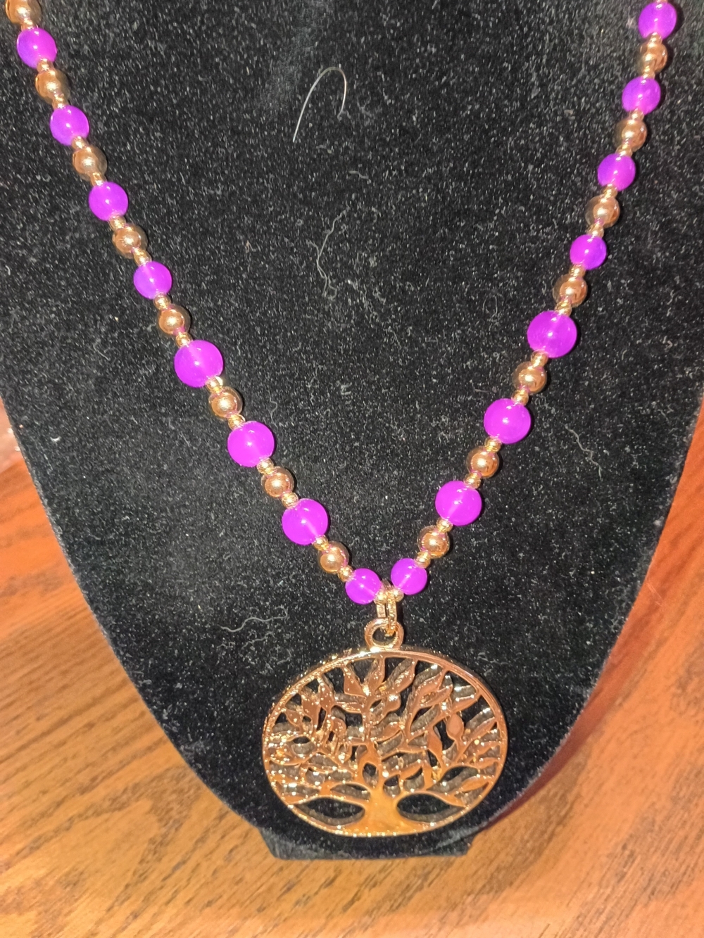 Gold Tree of Life Pendant Necklace with Purple Beads
